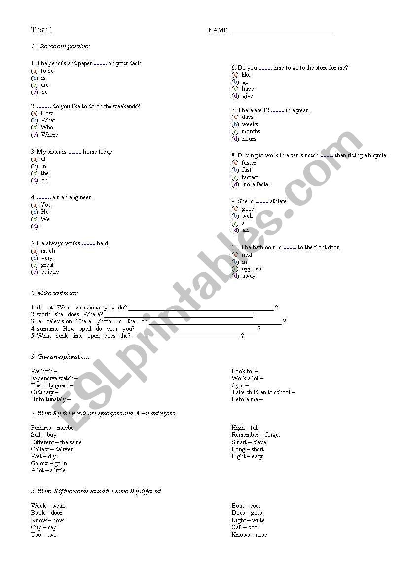 Elementary revision test worksheet