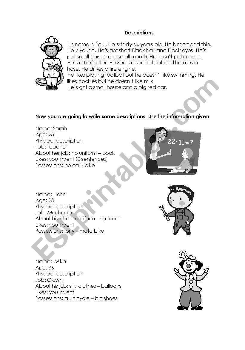 Descriptions worksheet