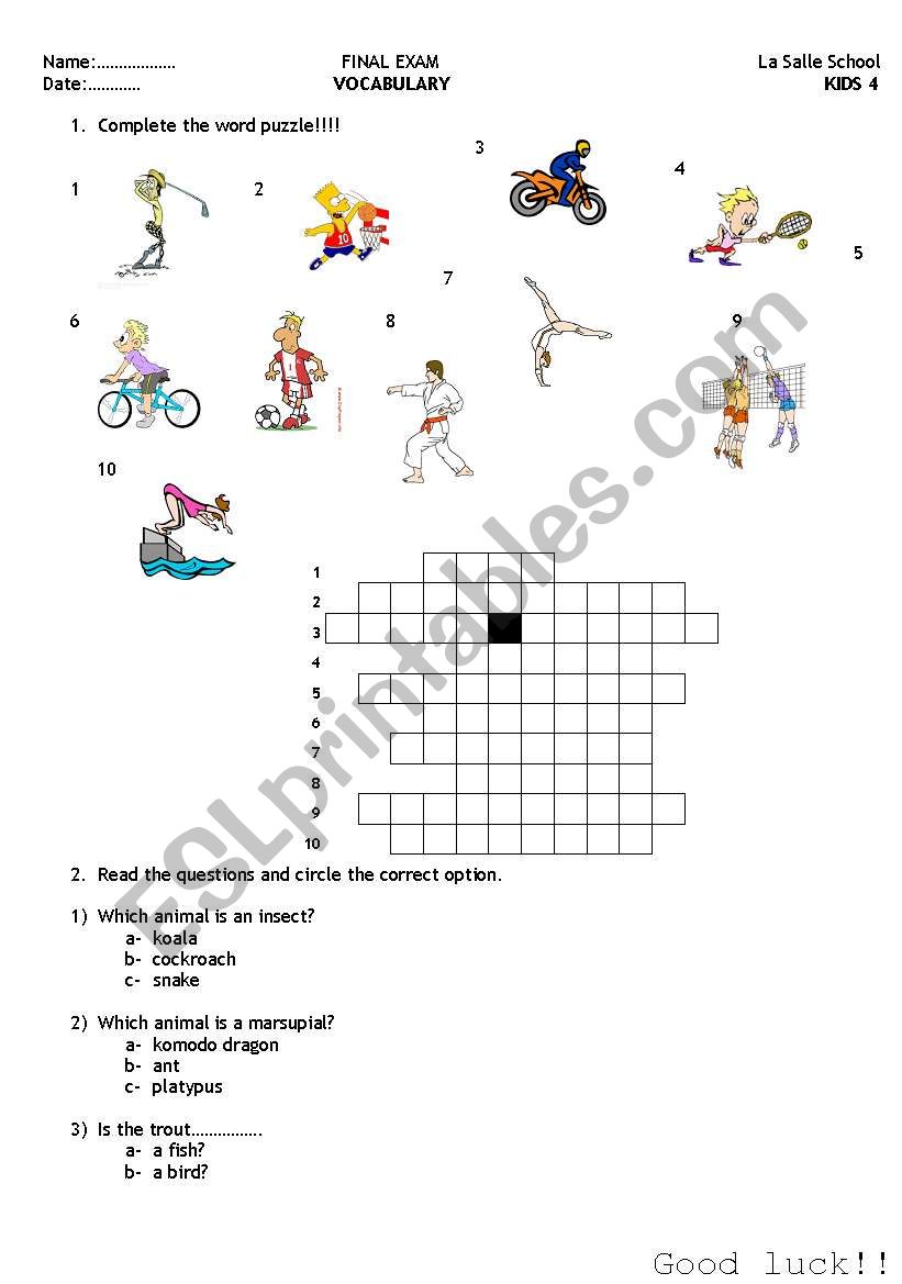 Vocabulary Test worksheet