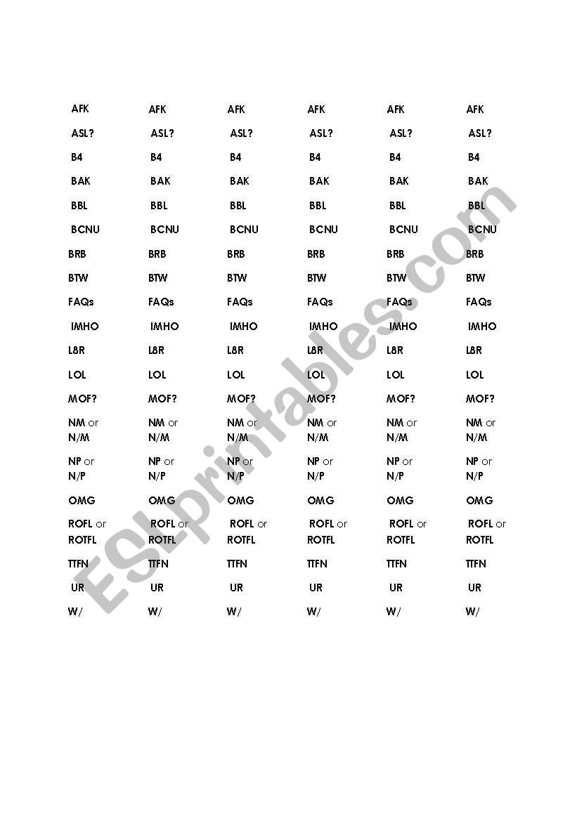 Internet Abbreviations worksheet