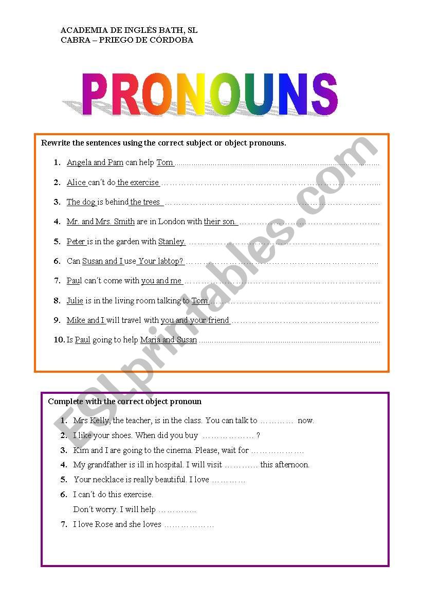 WORKING ON PRONOUNS worksheet WORKING ON PRONOUNS worksheet
