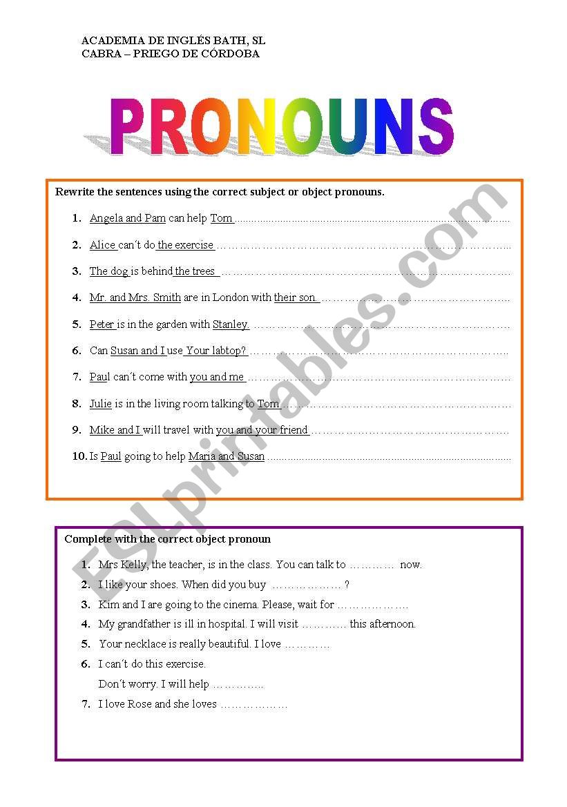 WORKING ON PRONOUNS worksheet