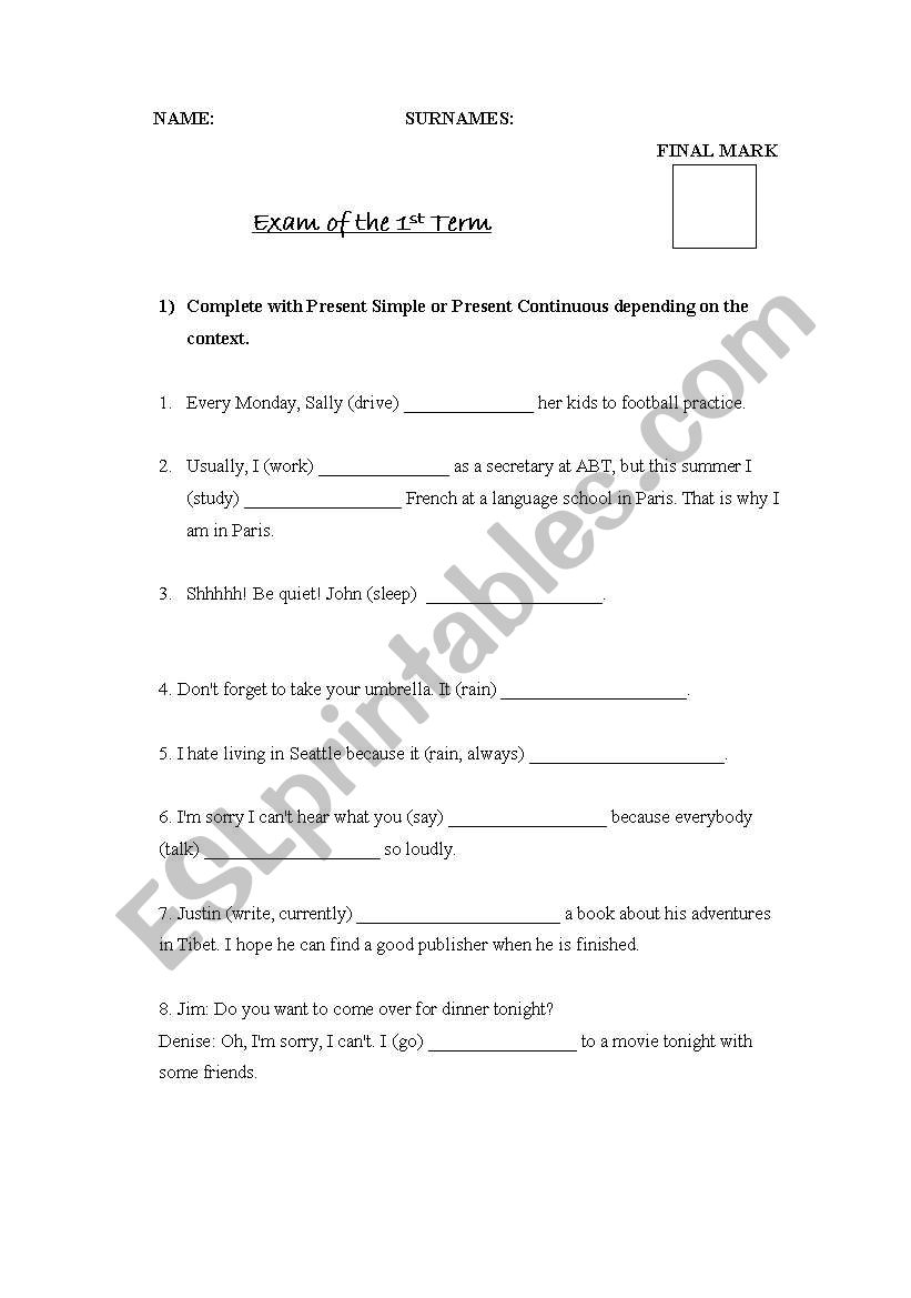 Exam pre-intermediate worksheet