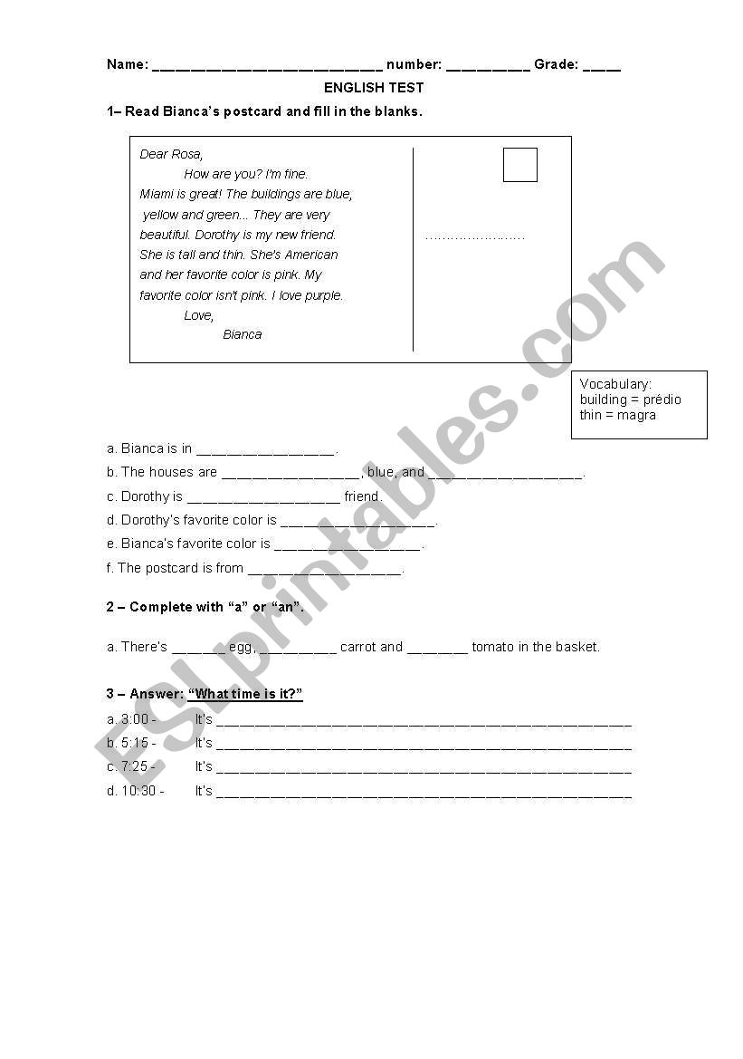 English test 5th Part I worksheet