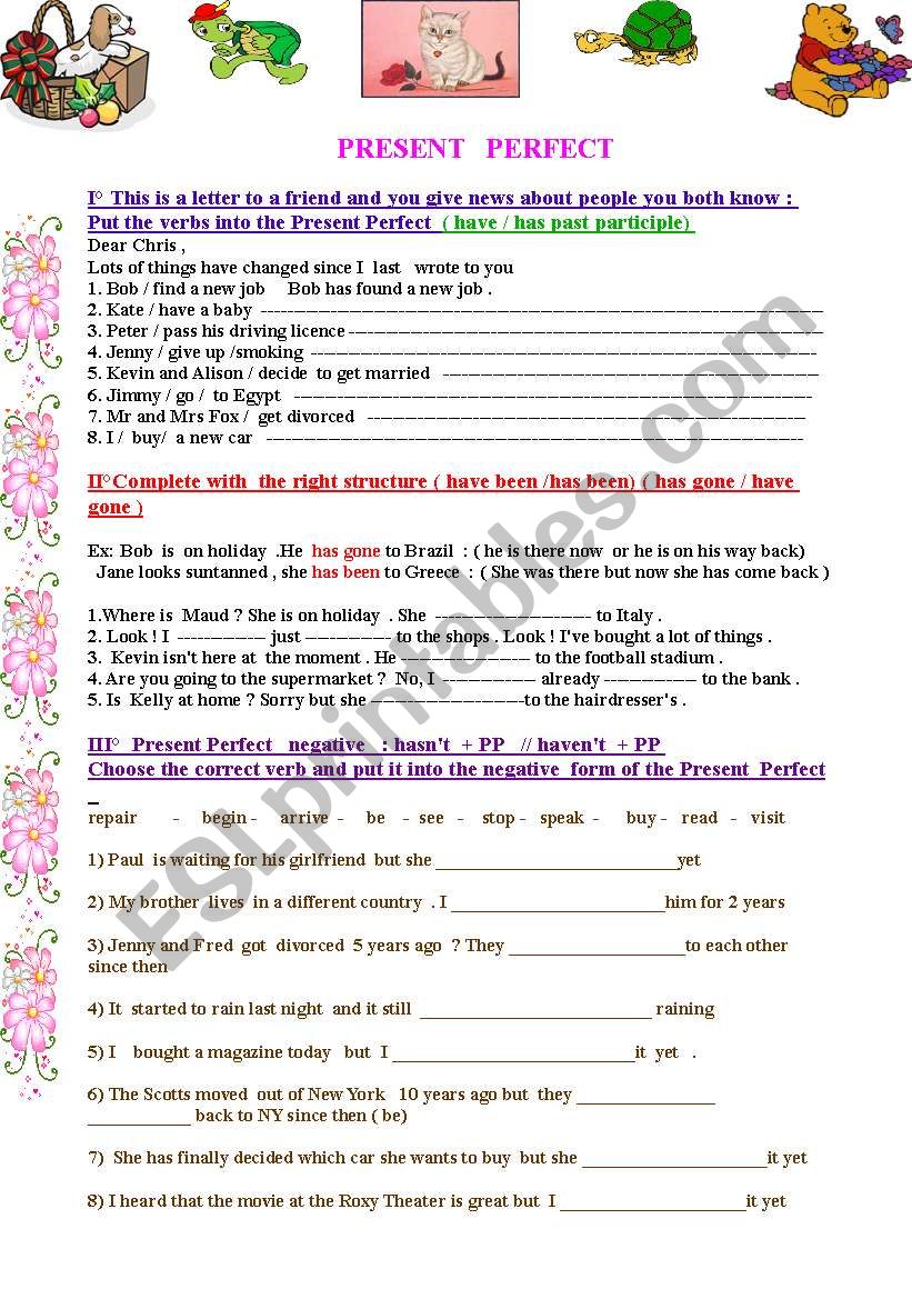 Present Perfect  worksheet : 3 pages of different exercises 