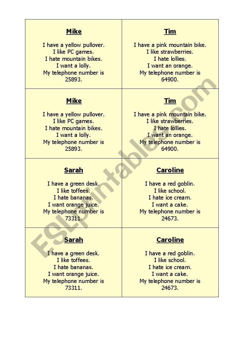 Speaking role cards elementary