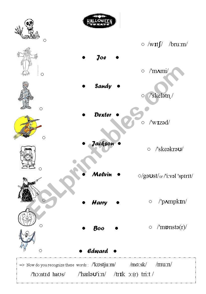 HALLOWEEN activity: match monster picture, first names & phonetics 