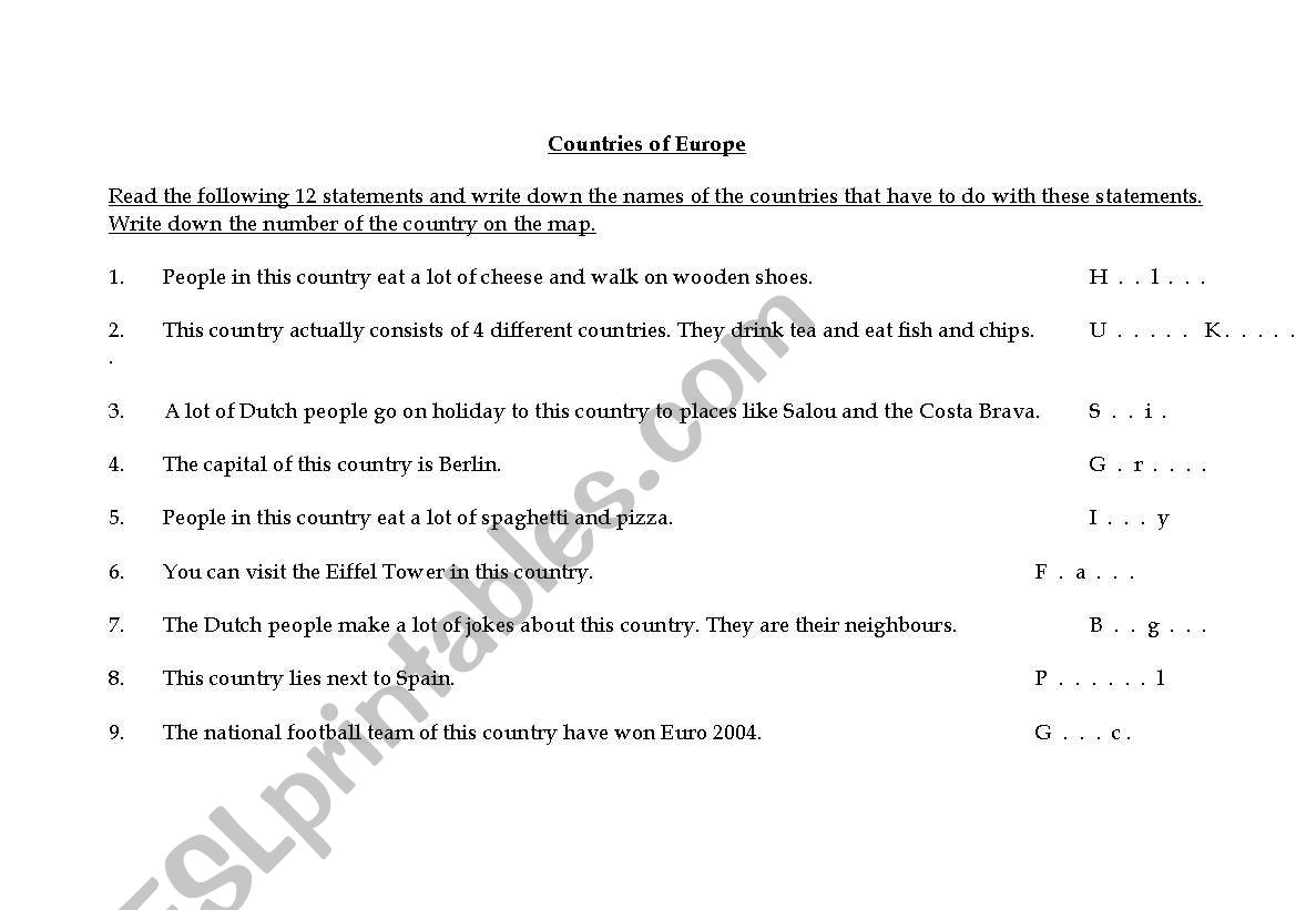 Countries of Europe worksheet