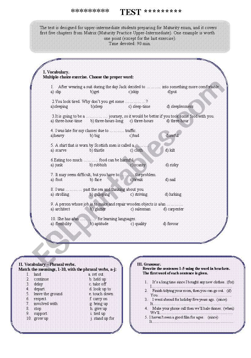 revision test for upper-intermediate students (part 2 in a separate WS below)