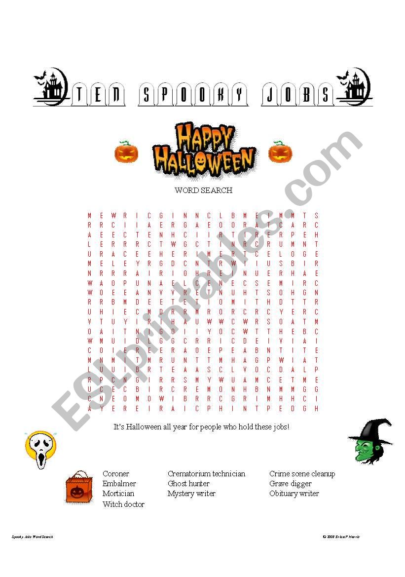 Ten Spooky Jobs Word Search worksheet