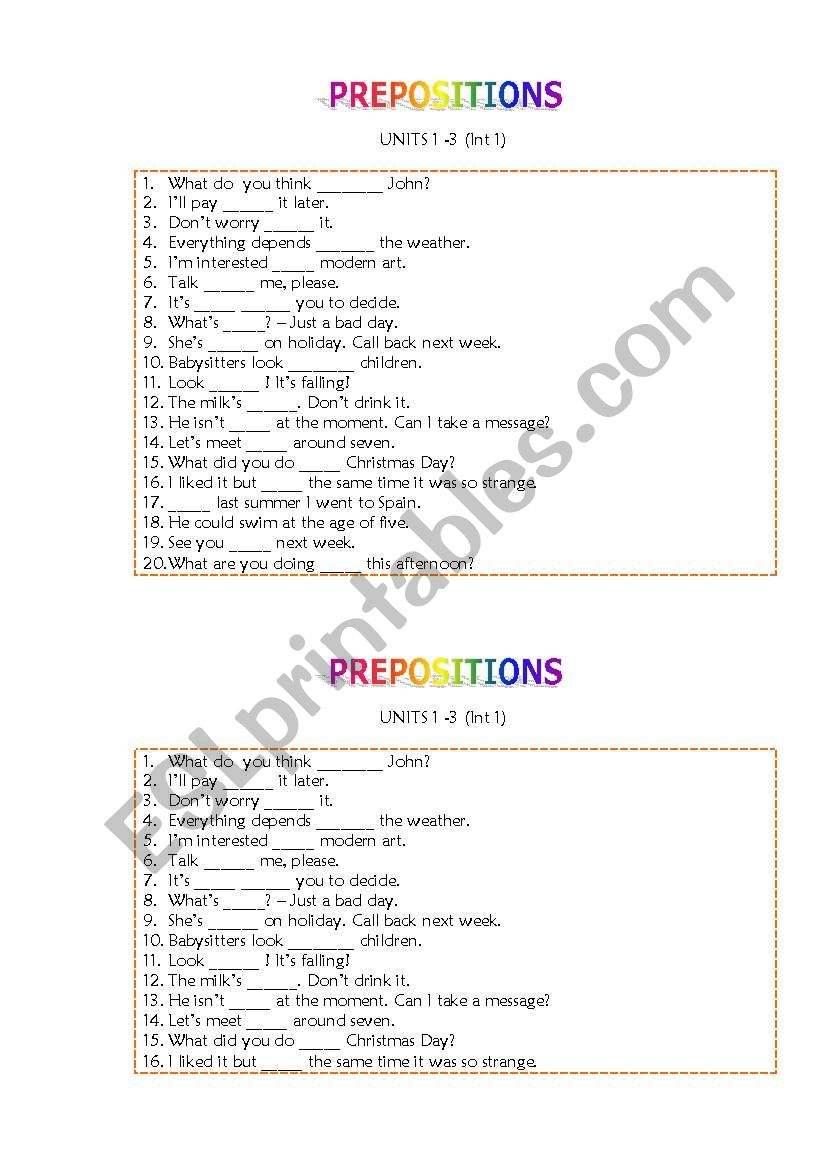 Preposition Quiz worksheet