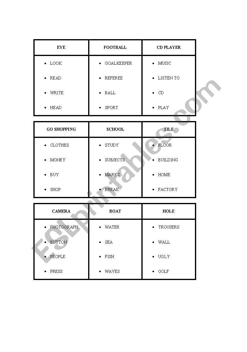 Taboo worksheet