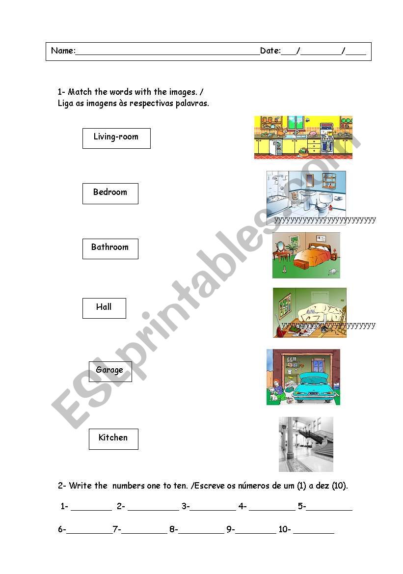 English teste with parts of the house and body