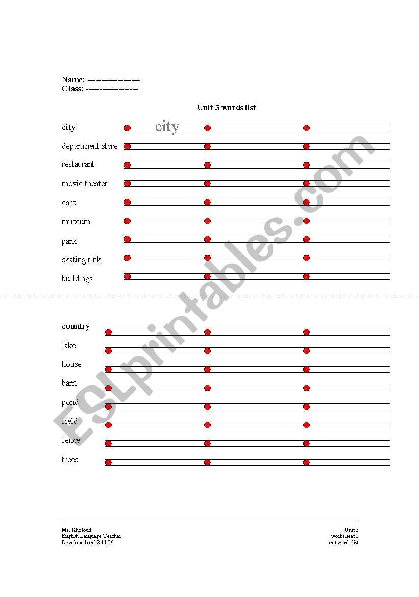 Parade 4: words list worksheet