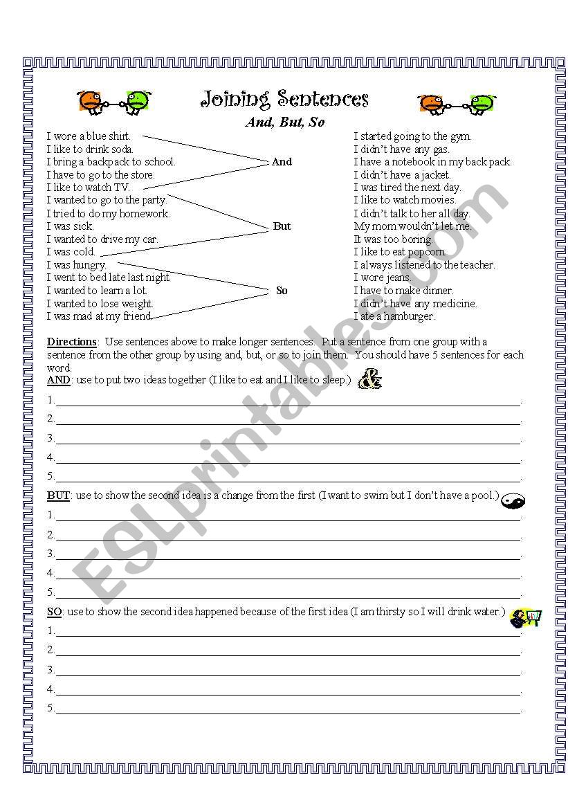 Worksheet On Joining Sentences Without Using And But Or So