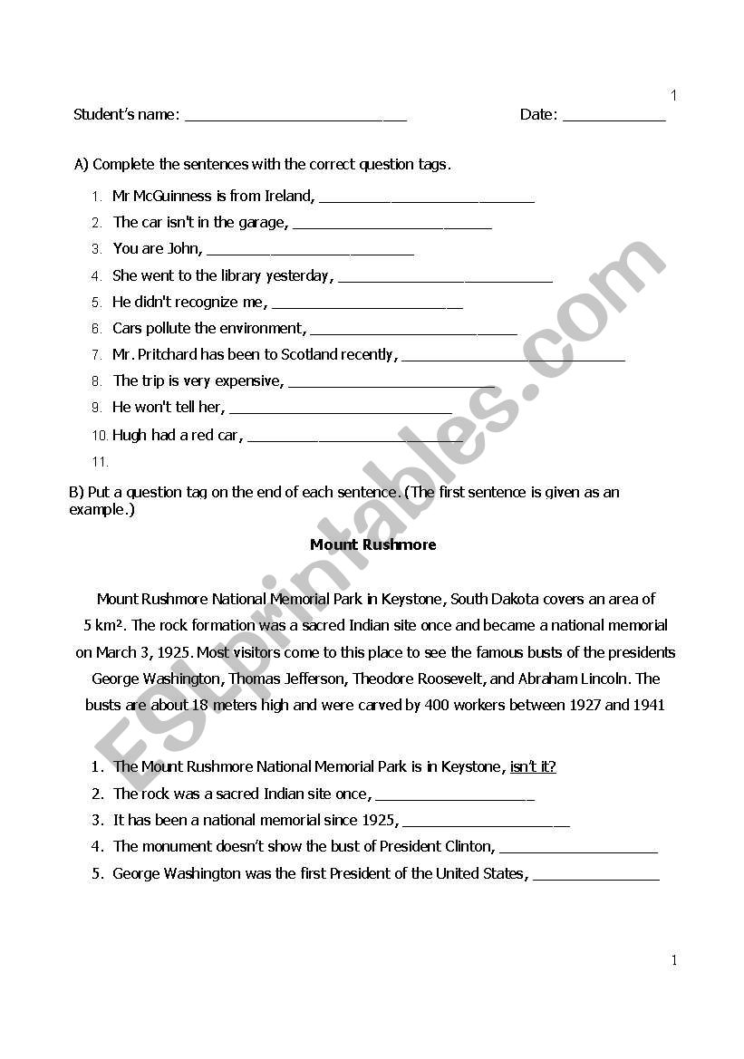 Tags worksheet