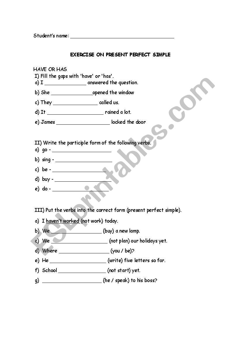 Present Perfect worksheet