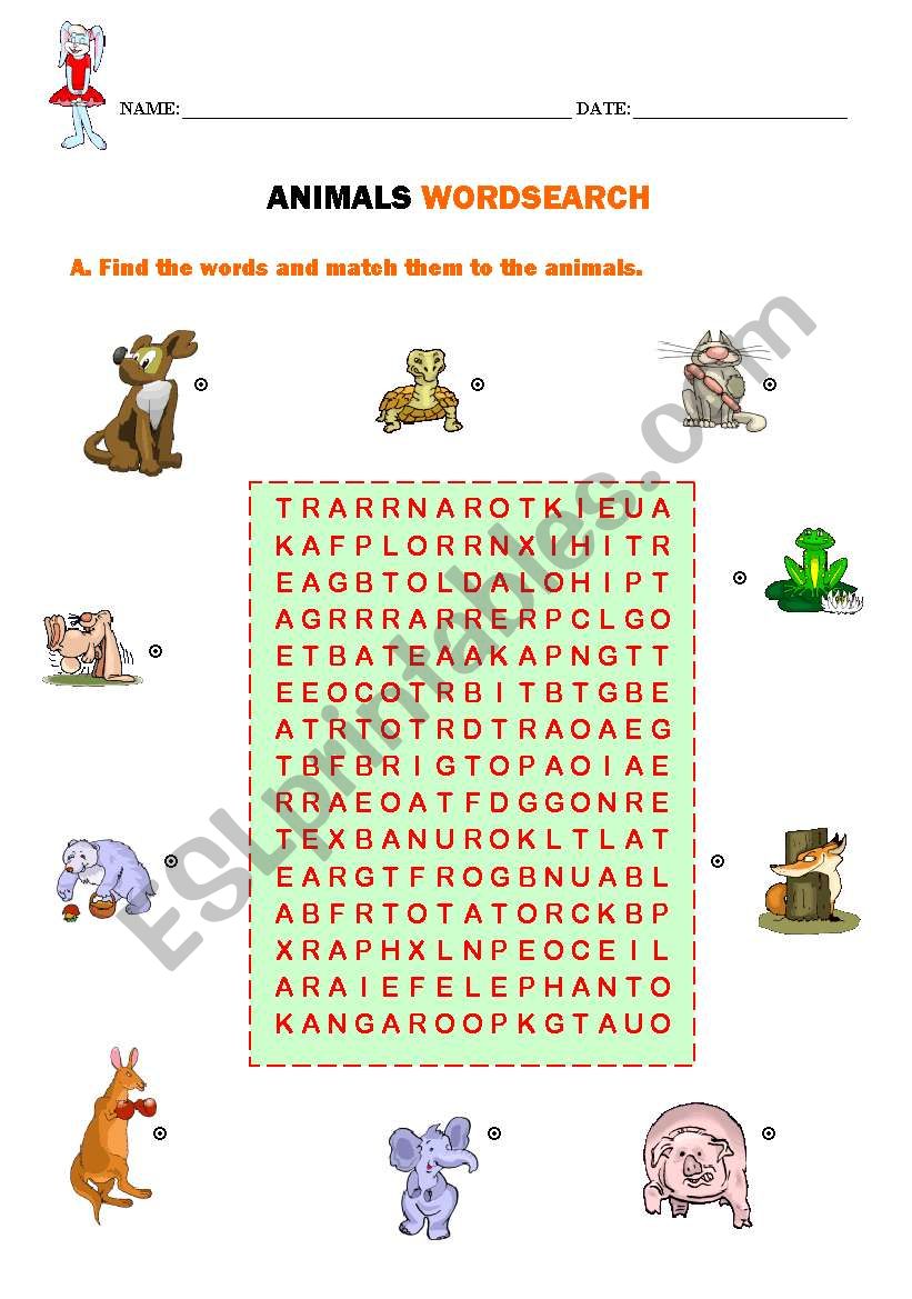 Animals wordsearch worksheet