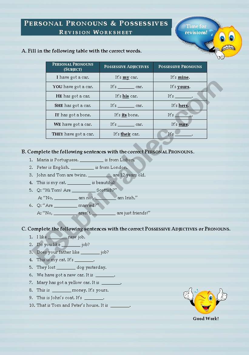 Personal Pronouns & Possessive Adjectives/Pronouns - Revision Worksheet