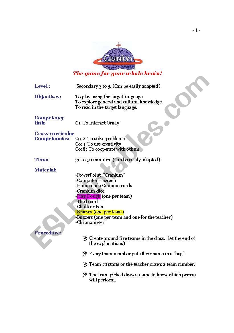 Cranium worksheet