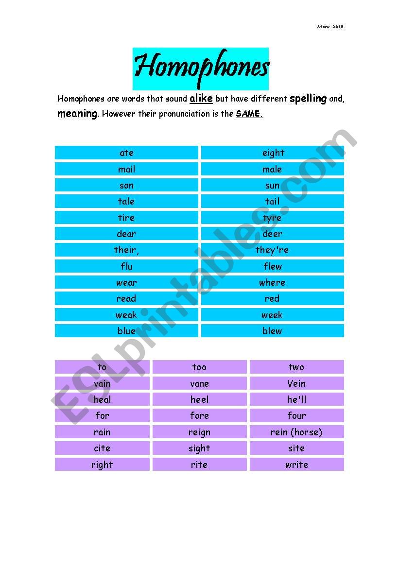 Homophones worksheet