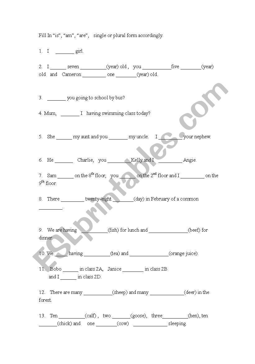 is, am, are + plurals worksheet
