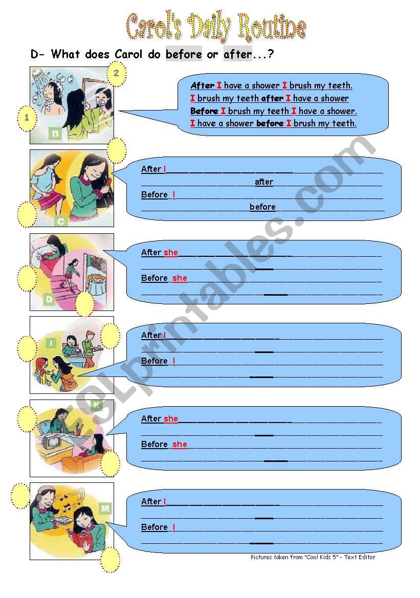 CarolÂ´s Daily Routine - Use of Adverbs of Time BEFORE/AFTER