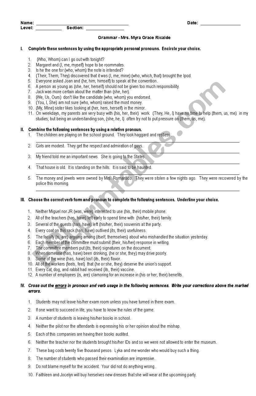 Long Test on Pronouns worksheet