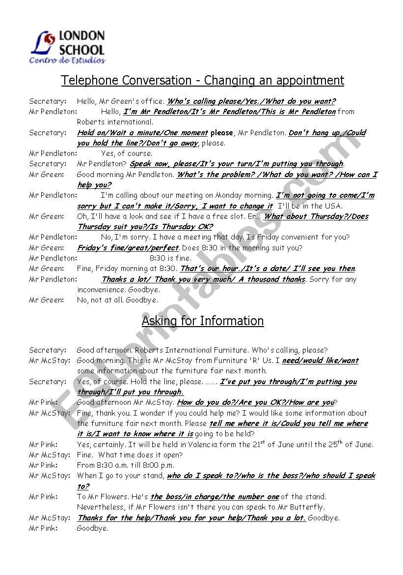 Telephone conversations worksheet