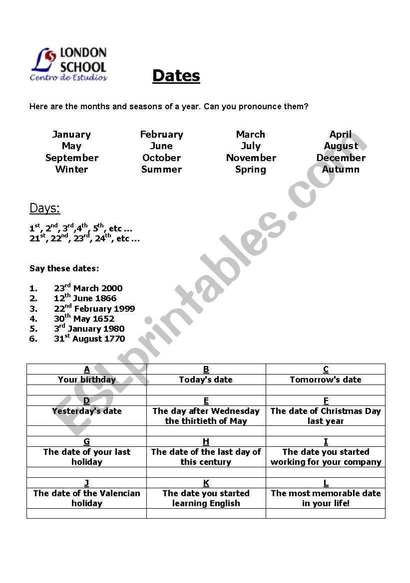 Dates worksheet