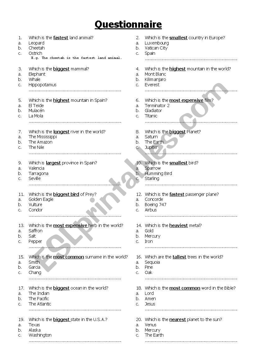 Comparatives Questionnaire worksheet