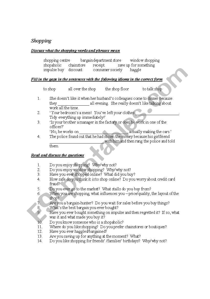 Shopping worksheet