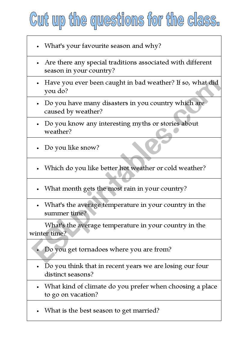 Cut up questions about weather for the class.