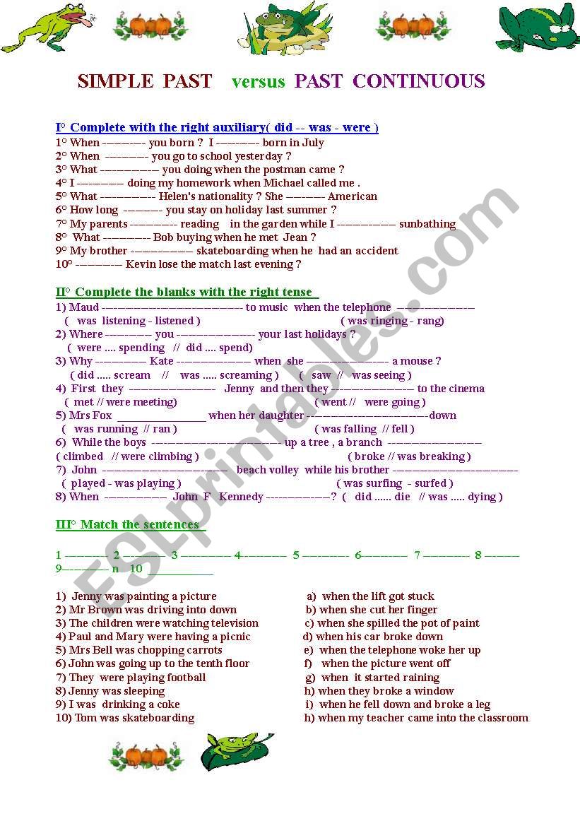 Past  Continuous versus Simple Past : 2 pages of exercises with different degrees of difficulty 