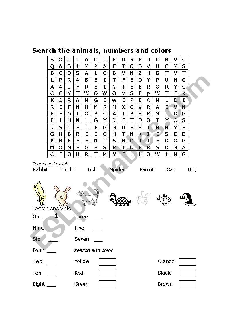 animals number 1-10 and colors search 