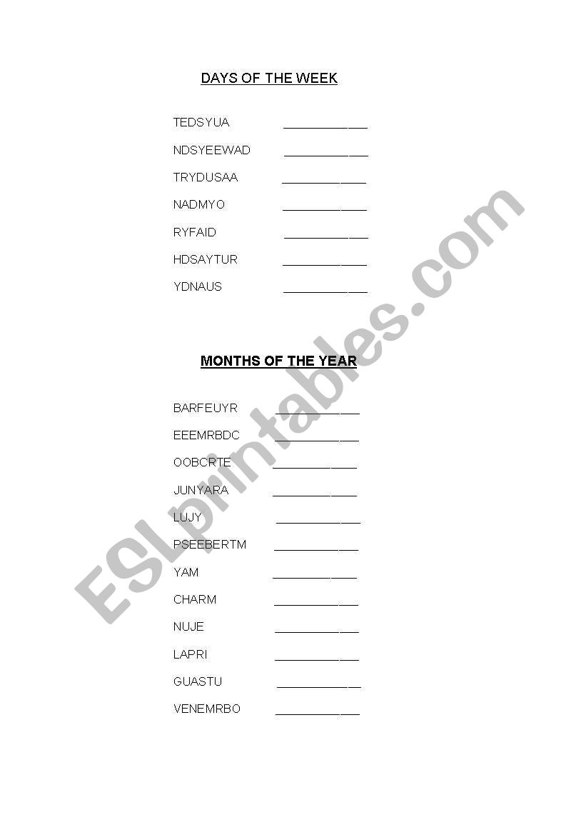 days and months worksheet