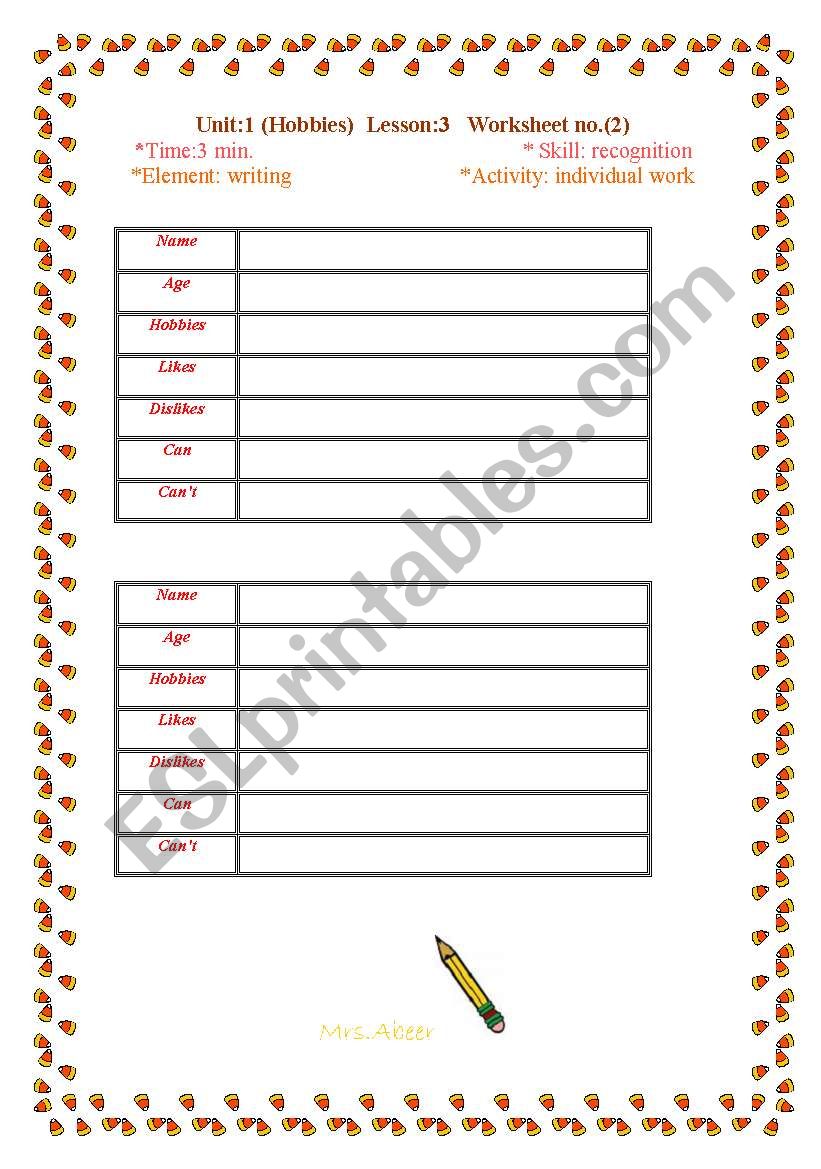 hobbies worksheet