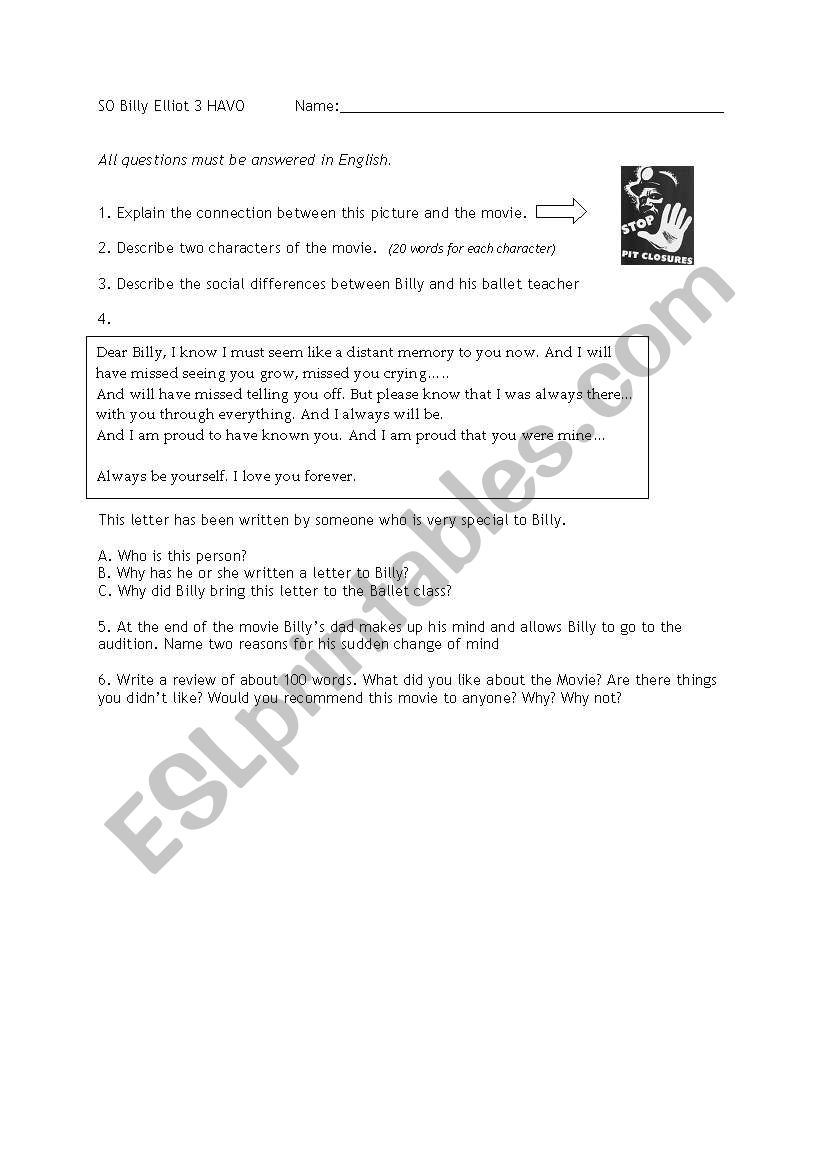 test billy elliot part 1 worksheet