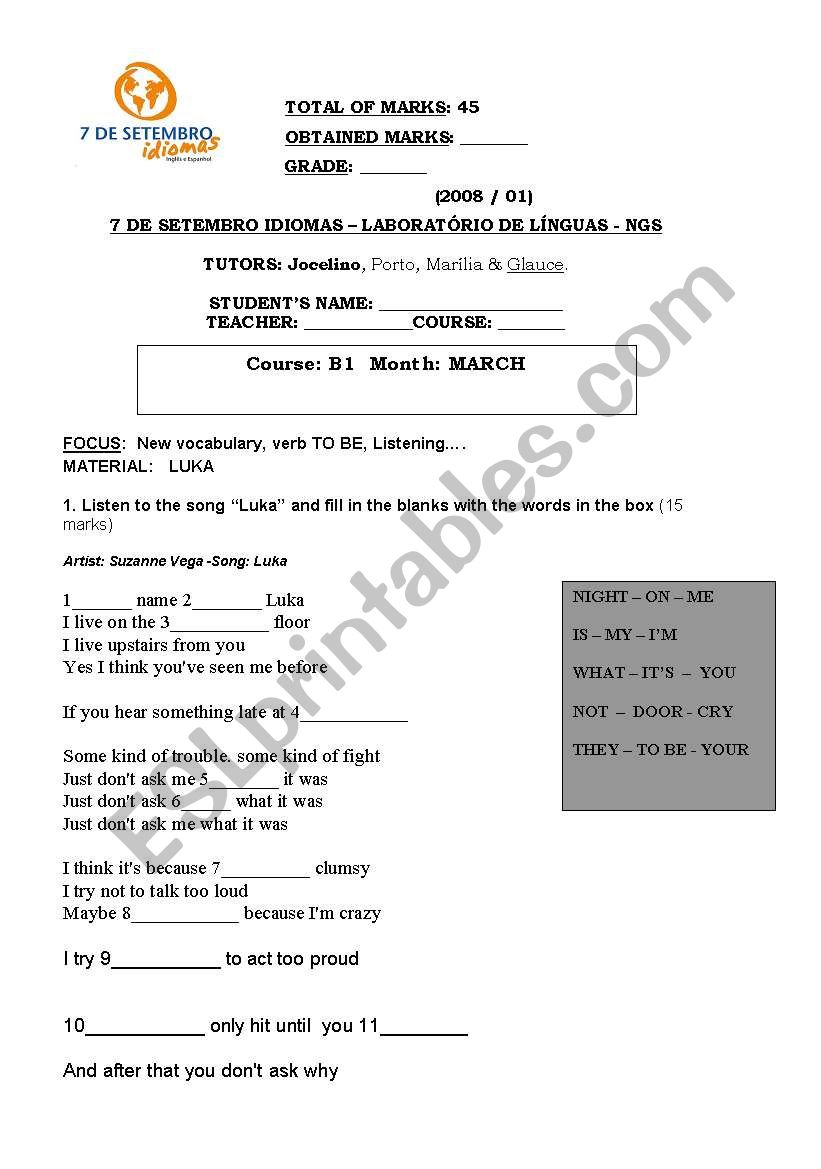 Luka song worksheet