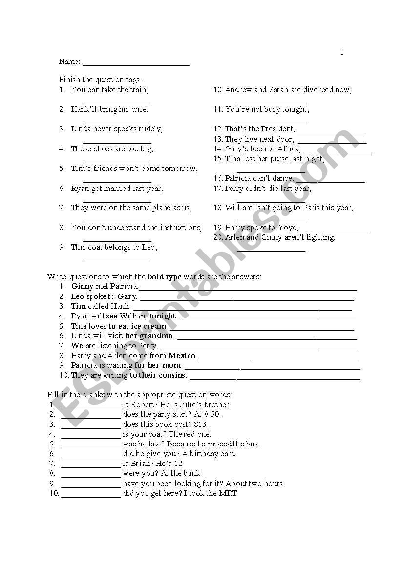 Question forms review worksheet