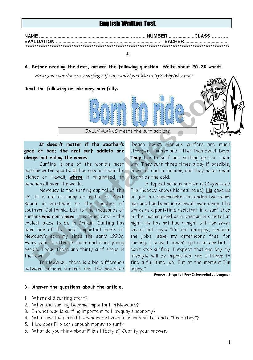 Test - Born to ride worksheet
