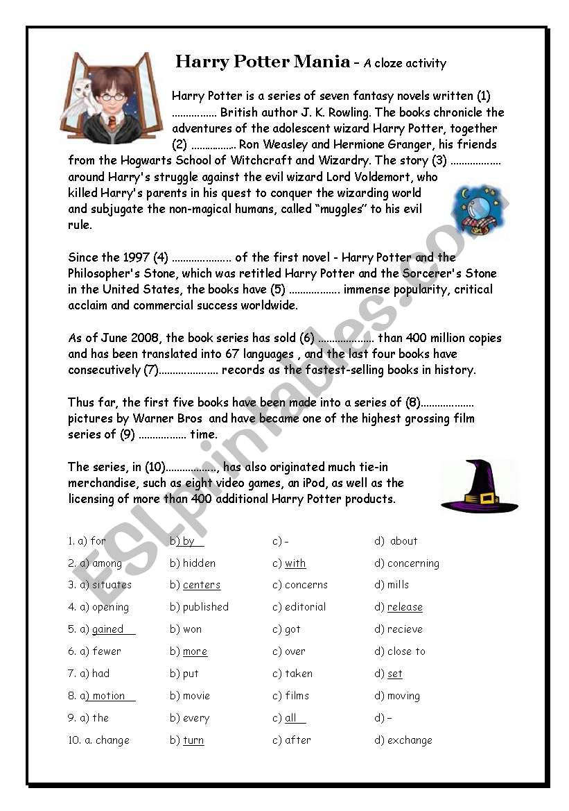 Harry Potter Mania Cloze worksheet