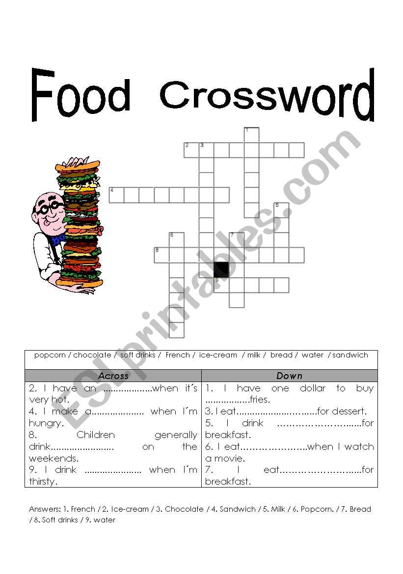 The French Food Crossword Puzzle Worksheet