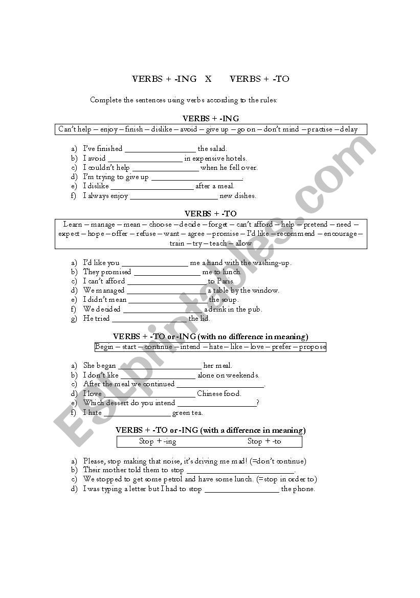 Verbs + to or +ing worksheet