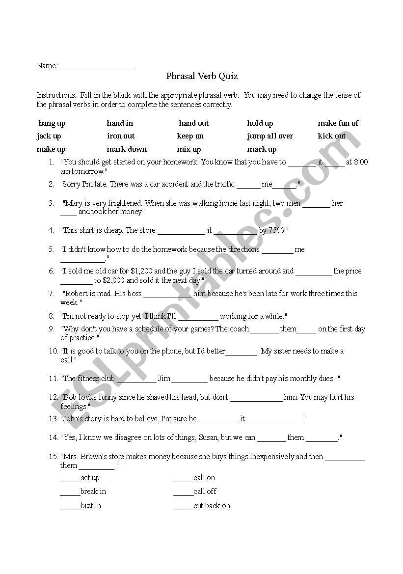 Phrasal Verb Quiz worksheet