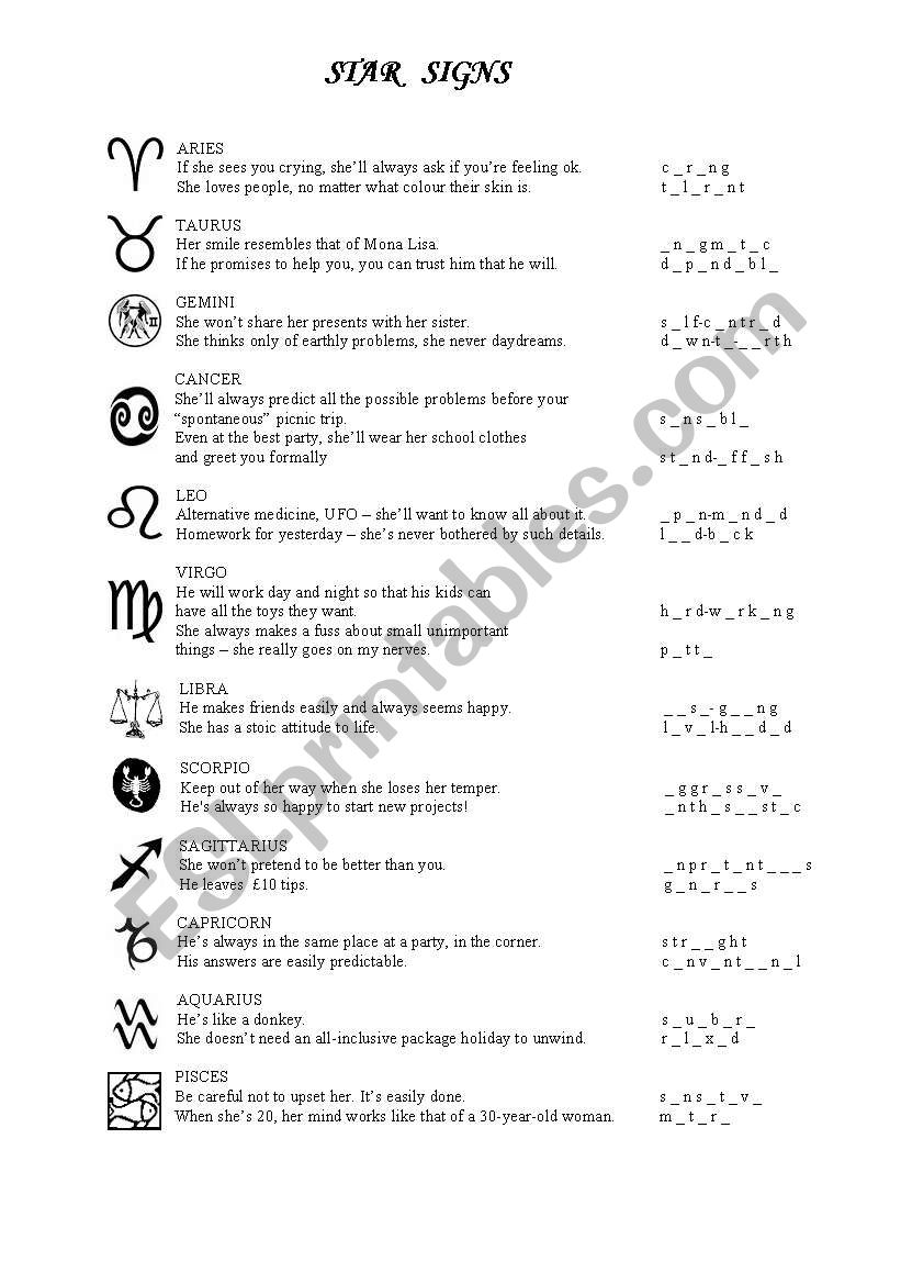 Star signs - personality adjectives