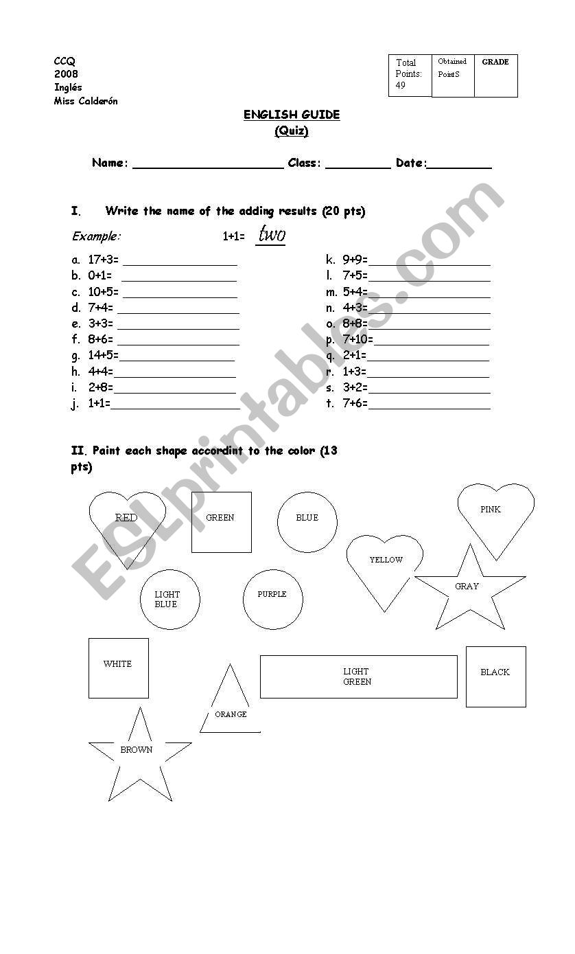 written guide on numbers, colors and school tools