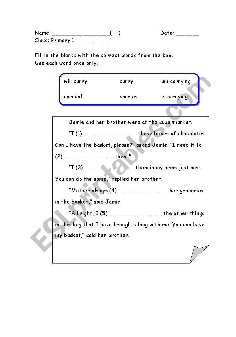 Grammar Cloze_carry worksheet