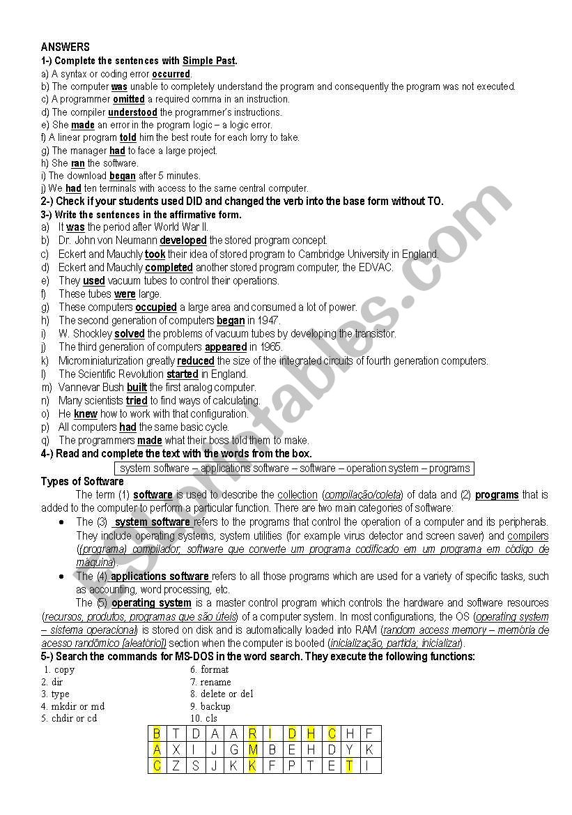 Computer Science Simple Past TEST - ANSWER KEY