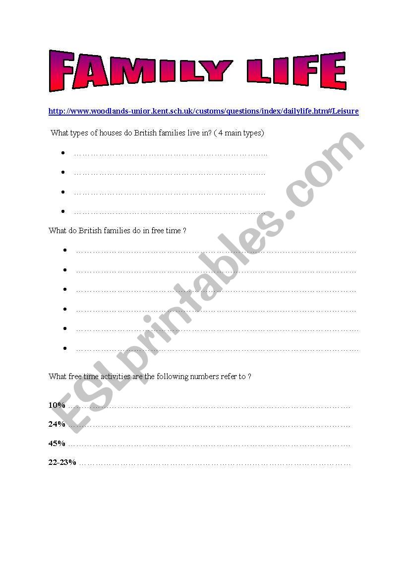 FAMILY LIFE worksheet